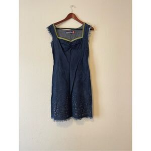 Y2k Roxy denim mini dress with raw hem details size small‎